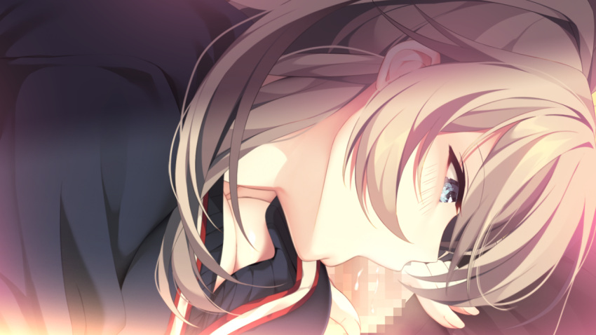 1boy 1girl black_sweater blue_eyes breasts censored cleavage fellatio game_cg grace_thompson hetero homestay_a_la_mode large_breasts long_hair mosaic_censoring open_mouth oral penis profile solo_focus sweater tai_(nazutai) white_hair