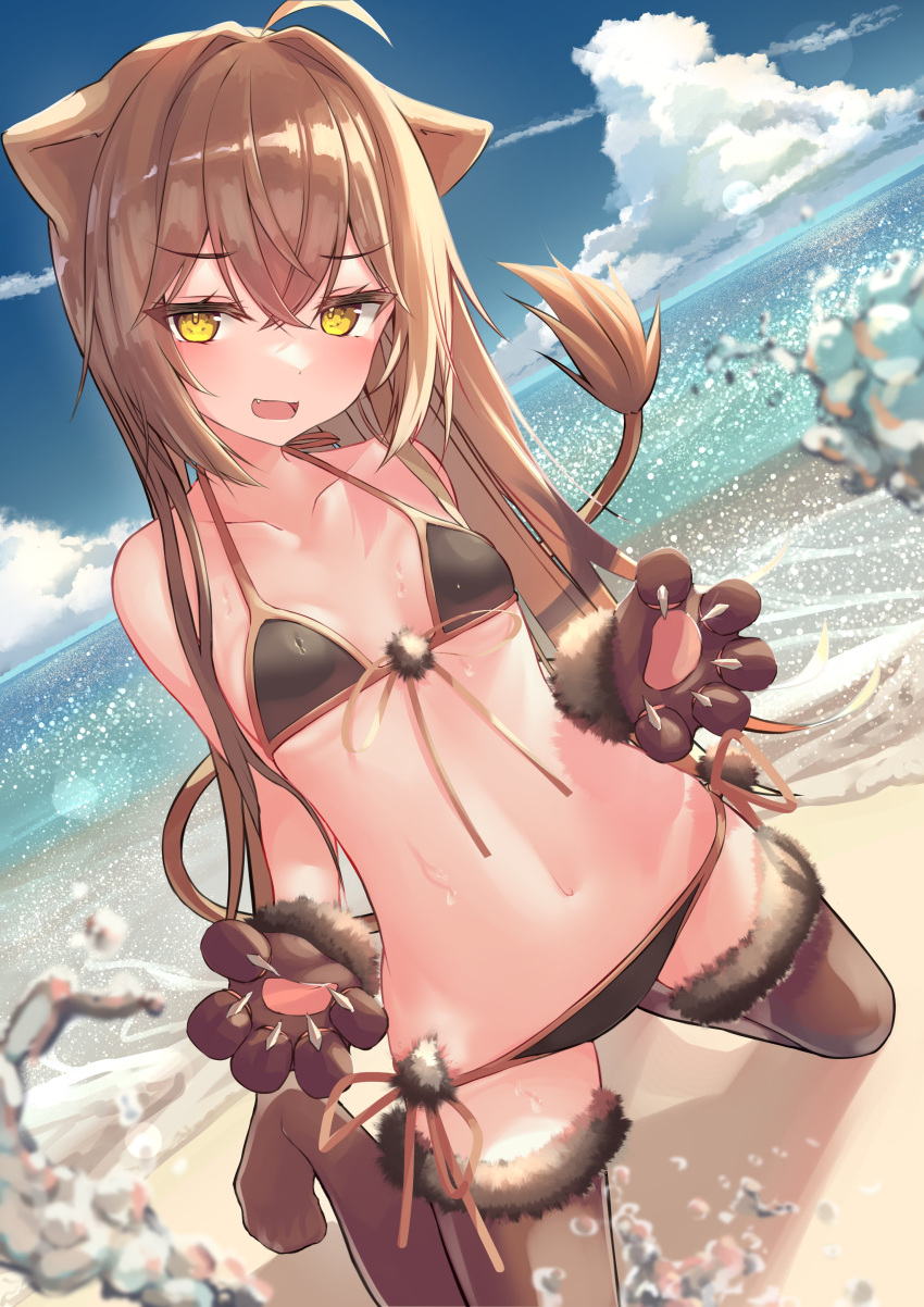 1girl absurdres aho animal_ears bangs breasts crossed_bangs fur-trimmed_gloves fur_trim gloves highres inaba_teitoku indie_virtual_youtuber lion_ears lion_girl lion_tail rurudo_lion small_breasts swimsuit tail virtual_youtuber