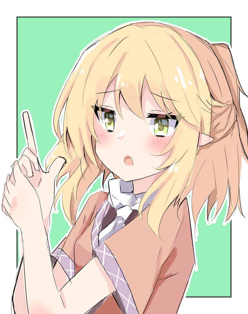 1girl black_shirt blonde_hair blush border brown_jacket commentary_request eyebrows_visible_through_hair face finger_gun green_background green_eyes highres jacket mizuhashi_parsee nono54558 one-hour_drawing_challenge open_mouth pointy_ears scarf shirt short_hair short_sleeves simple_background touhou upper_body white_border white_scarf