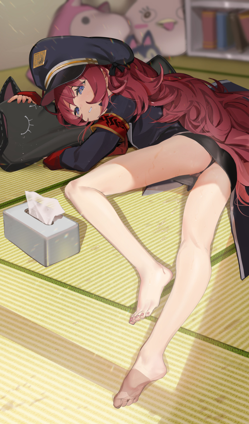 1girl absurdres armband ass bangs bare_legs barefoot black_panties blue_archive blush eyebrows_visible_through_hair feet from_behind grey_eyes hat highres indoors iroha_(blue_archive) legs long_hair long_sleeves looking_at_viewer looking_back lying military military_uniform necktie nuda object_hug on_stomach panties peaked_cap pencil_skirt pillow pillow_hug red_hair red_necktie skirt smile solo spread_legs toes underwear uniform wavy_hair