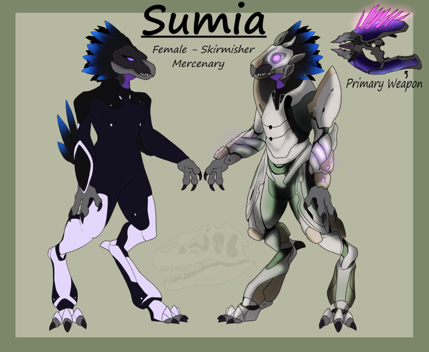 3_fingers 3_toes albinoalloart alien anthro arm_feathers arm_tuft armor avian avian_caruncle beak black_body black_feathers blue_body blue_feathers bodysuit breasts claws clothing colored digitigrade english_text face_covered feather_hair feathered_crest feathers feet female finger_claws fingers flat_chested full_armor glowing glowing_eyes gradient_feathers grey_body grey_scales gun halo_(series) head_crest headgear helmet hi_res kig-yar microsoft model_sheet needler non-mammal_breasts pink_eyes pseudo_hair pupils purple_sclera ranged_weapon scales scalie sharp_teeth simple_background skinsuit slit_pupils small_breasts solo spurs standing t'vaoan teeth text tight_clothing toe_claws toes tuft void_specialist weapon xbox_game_studios