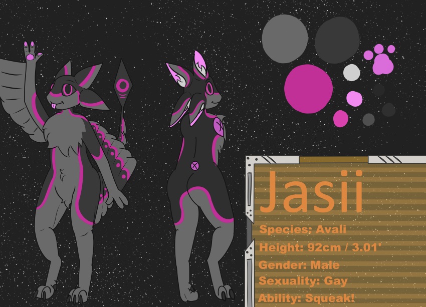 4_ears absurd_res anonymous_artist anthro avali digitigrade feathered_wings feathers hi_res jasii magenta_body male model_sheet multi_ear pawpads purple_eyes solo tail_feathers talons wings