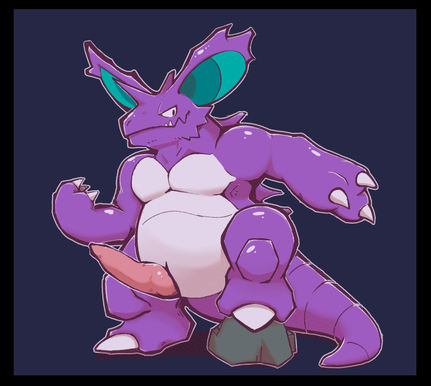 animal_genitalia claws closed_mouth erection feral filumbitu genital_slit genitals hi_res horn male monotone_background nidoking nintendo nude penis pok&eacute;mon pok&eacute;mon_(species) purple_body slit solo teeth video_games