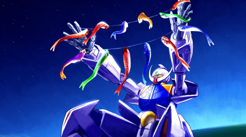 absurdres clothesline gundam highres kite mecha mobile_suit night night_sky no_humans open_hands science_fiction sitting sky solo strictly_mecha turn_a_gundam turn_a_gundam_(mobile_suit) yellow_eyes