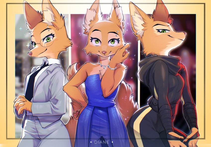 anthro canid canine clothed clothing diane_foxington dreamworks dress eyewear female fox glasses green_eyes hi_res jewelry looking_at_viewer mammal necklace orange_body suit swaybat the_bad_guys