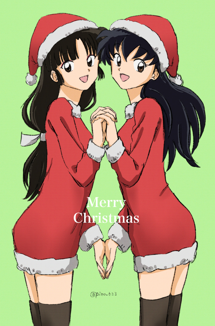 2girls :d bangs black_eyes black_hair black_legwear blunt_bangs cowboy_shot dress from_side fur-trimmed_dress fur-trimmed_headwear fur-trimmed_sleeves fur_trim green_background hat highres higurashi_kagome holding_hands interlocked_fingers inuyasha long_hair long_sleeves low-tied_long_hair merry_christmas multiple_girls official_style open_mouth pinoko_(pnk623) red_dress red_headwear sango santa_costume santa_hat short_dress simple_background sketch smile standing thighhighs twitter_username very_long_hair zettai_ryouiki