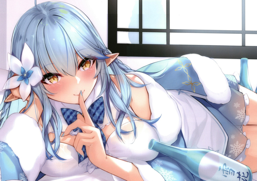 1girl ahoge blue_nails blush bottle bow bowtie braid breasts coat dean elbow_rest elf finger_to_mouth flower hair_flower hair_ornament highres hololive large_breasts light_blue_hair long_hair lying non-web_source on_side pointy_ears sake_bottle shushing smile solo source_request twin_braids virtual_youtuber window yellow_eyes yukihana_lamy