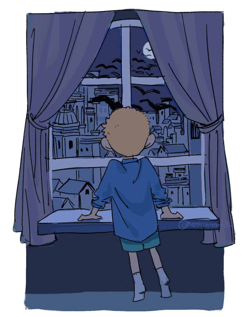 1boy blonde_hair curtains from_behind highres looking_outside mulso night one_piece sabo_(one_piece) sleeves_rolled_up solo standing window windowsill younger