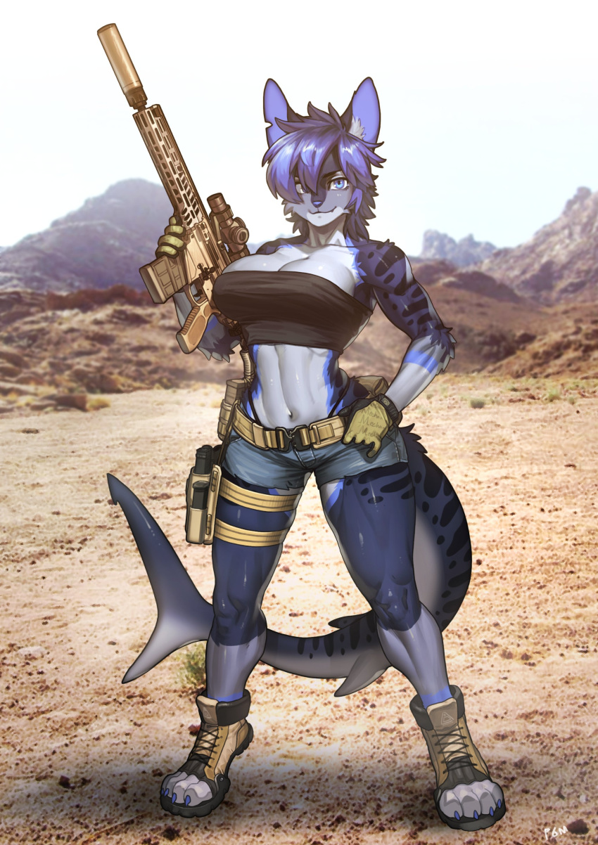 1girl absurdres animal_ears artist_name assault_rifle belt belt_buckle blue_eyes blue_hair breasts buckle collarbone commission denim denim_shorts fang full_body fur furry furry_female gloves gun handgun highres holding holding_gun holding_weapon holster holstered_weapon large_breasts looking_at_viewer magazine_(weapon) midriff muscular muscular_female navel original outdoors panties pgm300 pistol pouch rifle scope short_hair shorts skindentation smile solo standing strapless suppressor tail tube_top underwear watermark weapon