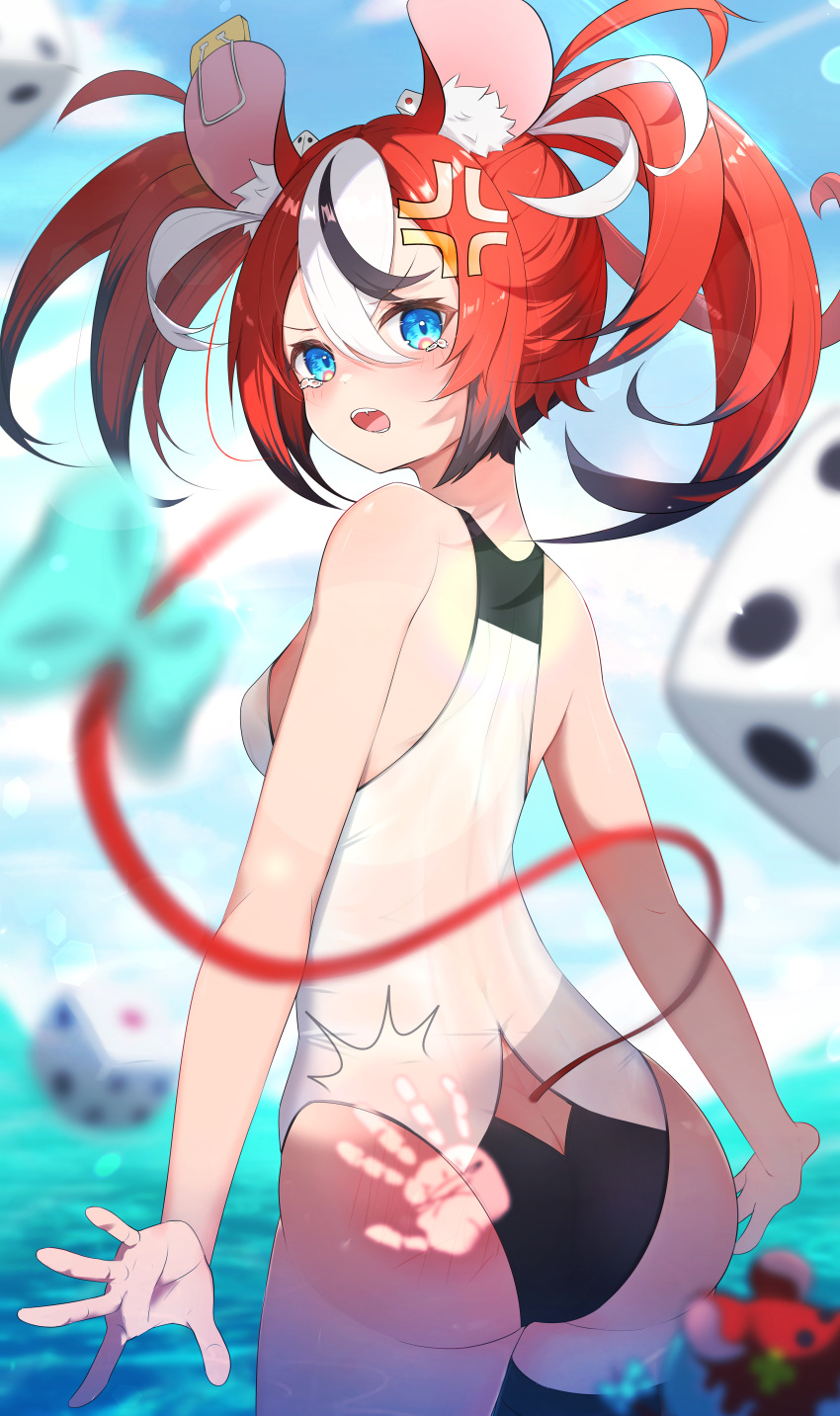 1girl absurdres angry animal_ears ass ass_smack bikini black_hair blue_eyes breasts dice_hair_ornament hair_ornament hakos_baelz highres hololive hololive_english huge_ass looking_at_viewer mouse_ears mouse_girl mouse_tail mr._squeaks_(hakos_baelz) multicolored_hair red_hair solo streaked_hair swimsuit tail tearing_up three_twosix twintails virtual_youtuber white_hair