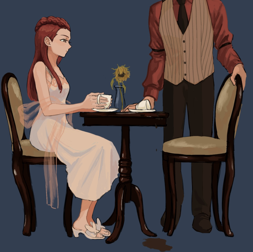 1boy 1girl ace_attorney chair coffee_cup cup dahlia_hawthorne diego_armando disposable_cup dress flower highres red_hair renshu_usodayo sleeveless spill table vest white_dress wilted_flower