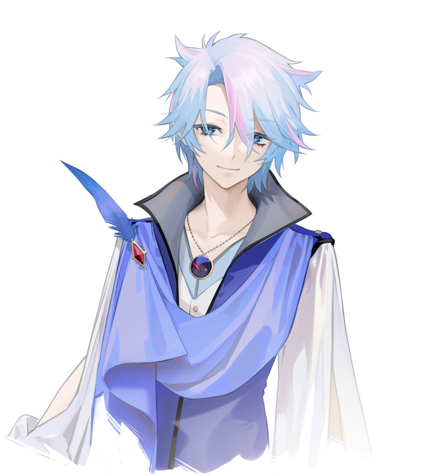 1boy animal_ears bangs blue_eyes blue_hair character_request collarbone collared_vest copyright_request eyebrows_visible_through_hair eyes_visible_through_hair feathers gem hair_ears highres jewelry juliet_sleeves long_sleeves looking_at_viewer multicolored_hair necklace ohisashiburi puffy_sleeves red_gemstone scarf short_hair silk simple_background smile solo two-tone_hair upper_body vest white_background