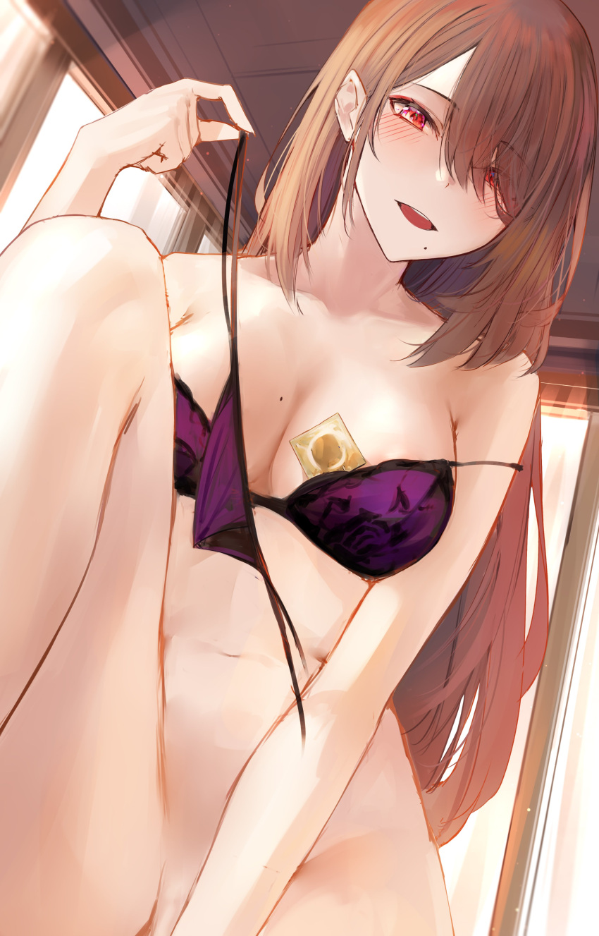 1girl absurdres areola_slip areolae blush bottomless bra breasts brown_hair collarbone commentary condom condom_wrapper english_commentary hair_over_one_eye highres holding holding_clothes holding_panties holding_underwear indoors large_breasts long_hair looking_at_viewer mole mole_on_breast mole_under_mouth naokomama navel open_mouth original panties purple_bra purple_panties red_eyes smile solo strap_slip teeth underwear upper_teeth
