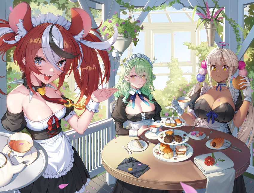 3girls :d :t absurdres alternate_costume animal_ear_fluff animal_ears antlers apron bangs bare_shoulders bird black_collar black_dress black_hair blonde_hair blue_eyes blue_ribbon braid breasts ceres_fauna choker cleavage cleavage_cutout clothing_cutout collar cup dark-skinned_female dark_skin day detached_sleeves dice_hair_ornament dress eating enmaided extra_ears eyebrows_visible_through_hair fake_antlers flower food food_on_face food_request fork frilled_apron frilled_dress frills gloves green_hair hair_between_eyes hair_flower hair_ornament hakos_baelz hanging_breasts highres holding holding_cup holding_food holding_tray hololive hololive_english juliet_sleeves kaniko_(tsukumo_sana) key large_breasts letter limiter_(tsukumo_sana) long_hair long_sleeves looking_at_viewer maid maid_apron maid_headdress mole mole_under_eye mouse_ears multicolored_hair multiple_girls parted_lips pink_flower pinky_out plant pleated_dress puffy_short_sleeves puffy_sleeves purple_flower red_flower red_hair red_ribbon ribbon sandwich saucer sharp_teeth short_sleeves side_bun smile spiked_choker spiked_collar spikes spoon sseli strapless strapless_dress streaked_hair table tea tea_set teacup teapot teeth tiered_tray tray tsukumo_sana twintails usaslug_(tsukumo_sana) virtual_youtuber white_apron white_choker white_flower white_gloves white_hair wrist_cuffs yellow_eyes