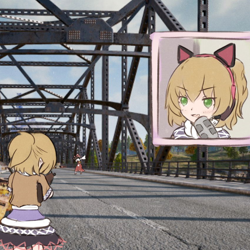 2girls animal_ears ascot bangs black_skirt blonde_hair blue_sky bow bridge brown_shirt cat_ear_headphones cat_ears cloud commentary dab_(dance) day detached_sleeves eyebrows_visible_through_hair fake_animal_ears fang feet_out_of_frame game_screenshot_background green_eyes gun hair_bow hakurei_reimu headphones highres holding holding_gun holding_weapon looking_at_another meme microphone mizuhashi_parsee multiple_girls open_mouth outdoors pewdiepie pewdiepie's_pubg_livestream_n-word_controversy_(meme) playerunknown's_battlegrounds pointy_ears red_bow red_skirt rifle scarf shirt short_hair short_ponytail short_sleeves skin_fang skirt sky solo_focus touhou tree weapon white_scarf white_sleeves yellow_ascot yenyen
