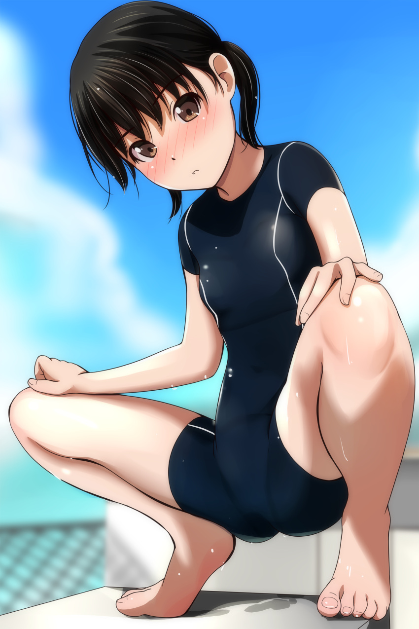 absurdres bangs barefoot black_hair black_swimsuit blurry blurry_background blush breasts brown_eyes chain-link_fence cloud commentary competition_swimsuit diving_block fence hair_strand hands_on_own_legs highres looking_at_viewer matsunaga_kouyou nose_blush one-piece_swimsuit original parted_lips short_twintails sky small_breasts spread_legs squatting swimsuit twintails