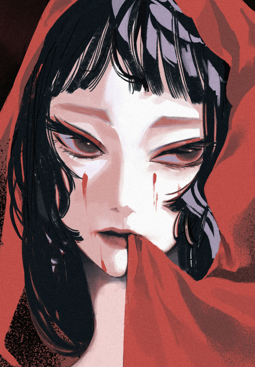 1girl black_hair blood blood_on_face brown_eyes eyelashes eyeliner highres hood limited_palette long_hair looking_to_the_side makeup mouth_hold original pale_skin portrait red_theme remon_(10112) short_bangs solo tsurime