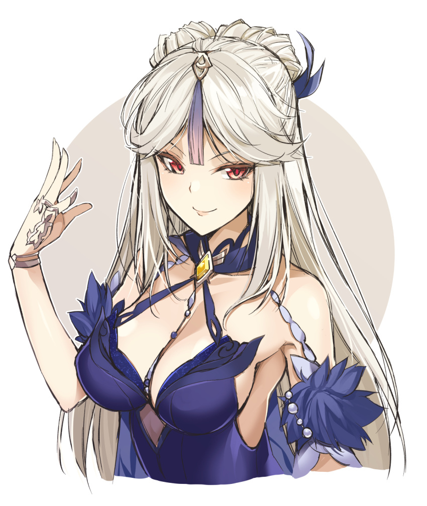 1girl armpits bangs bare_shoulders breasts claw_ring cleavage genshin_impact hair_ornament hair_stick hair_tassel hairpin highres long_hair looking_at_viewer medium_breasts ningguang_(genshin_impact) ningguang_(orchid's_evening_gown)_(genshin_impact) official_alternate_costume ohta_yuichi parted_bangs red_eyes smile solo upper_body white_background white_hair