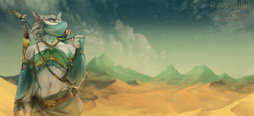 2022 5_fingers anthro clothed clothing day desert detailed_background digital_media_(artwork) fingers gerudo hi_res male midriff navel outside ravoilie sky solo tan_eyes