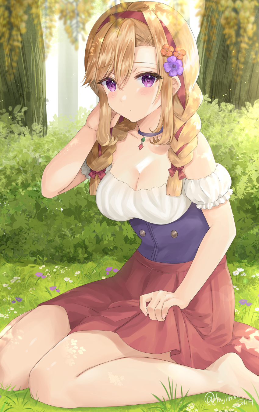 1girl absurdres bangs blonde_hair blush braid breasts cleavage flower frilled_shirt frills fujimori_shiki hair_flower hair_ornament hair_ribbon highres jewelry large_breasts long_hair looking_at_viewer necklace official_art orange_flower original outdoors purple_eyes purple_flower red_skirt ribbon shirt sitting skirt solo