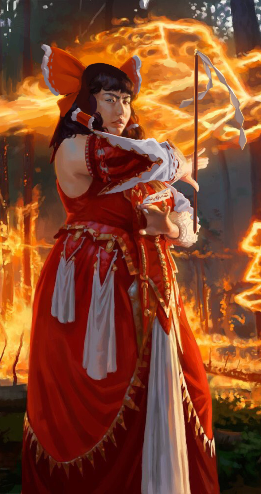 1girl absurdres bow brown_hair detached_sleeves ebi_(il14021) fire gohei hair_bow hakurei_reimu highres irencrag_pyromancer jason_rainville magic:_the_gathering plump realistic red_bow solo standing third-party_edit