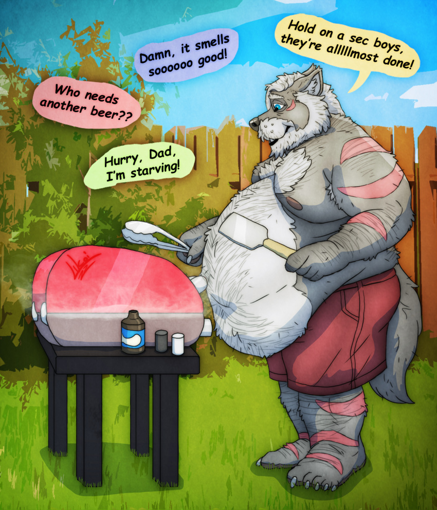 absurd_res anthro barbecue barbecue_grill beard belly belly_overhang brianogrowler_(character) canid canine canis facial_hair father grandparent hi_res lukoi male mammal overweight overweight_male parent solo wolf