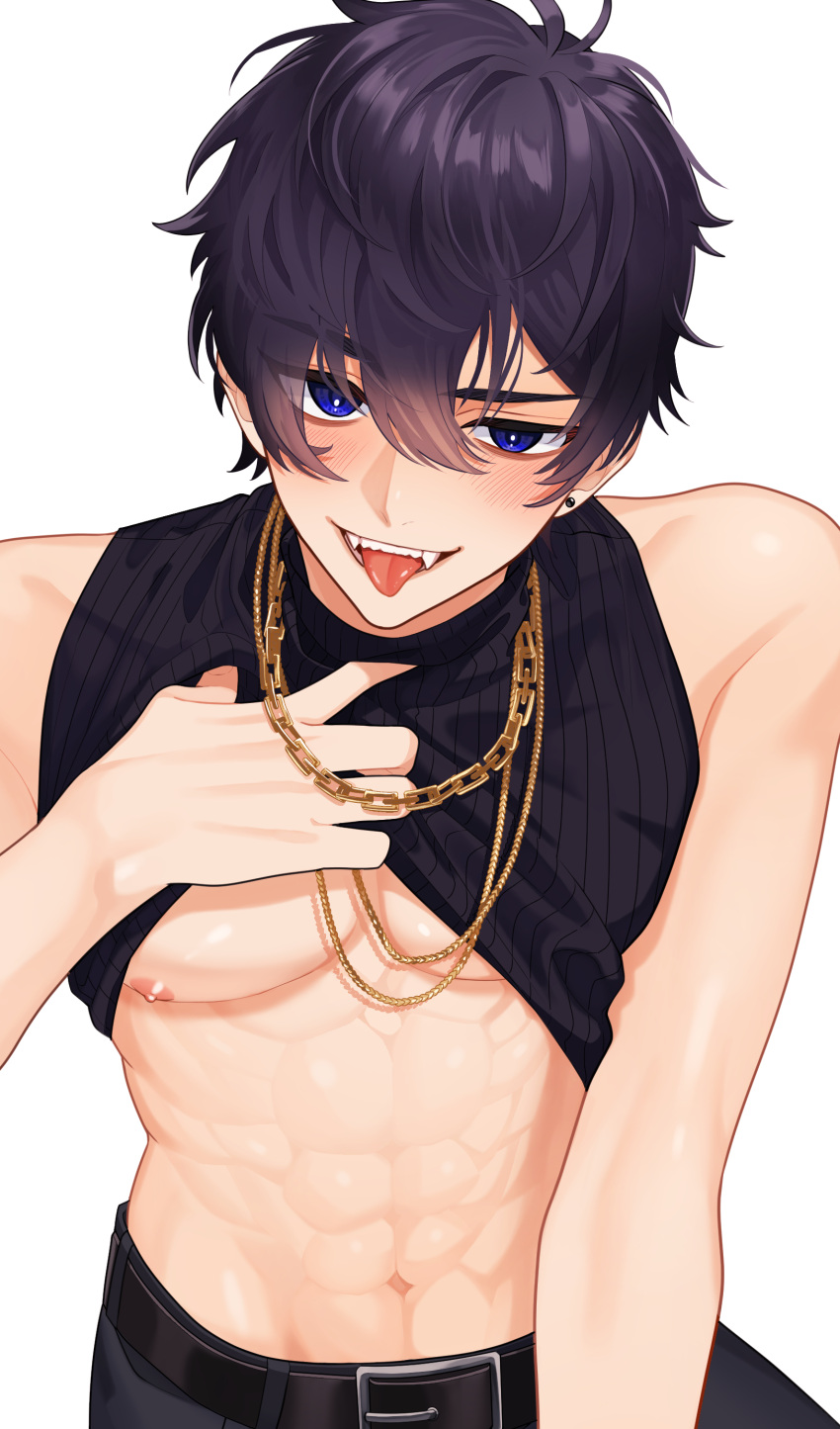 abs absurdres bare_arms bare_shoulders belt blue_eyes clothes_lift commission fangs gold_necklace highres indie_virtual_youtuber jewelry male_focus muscular muscular_male navel necklace nipples open_clothes open_mouth open_shirt pants pinchi purple_hair shirt_lift short_hair shoto_(vtuber) skeb_commission smile solo stomach tank_top thick_eyebrows tongue tongue_out virtual_youtuber
