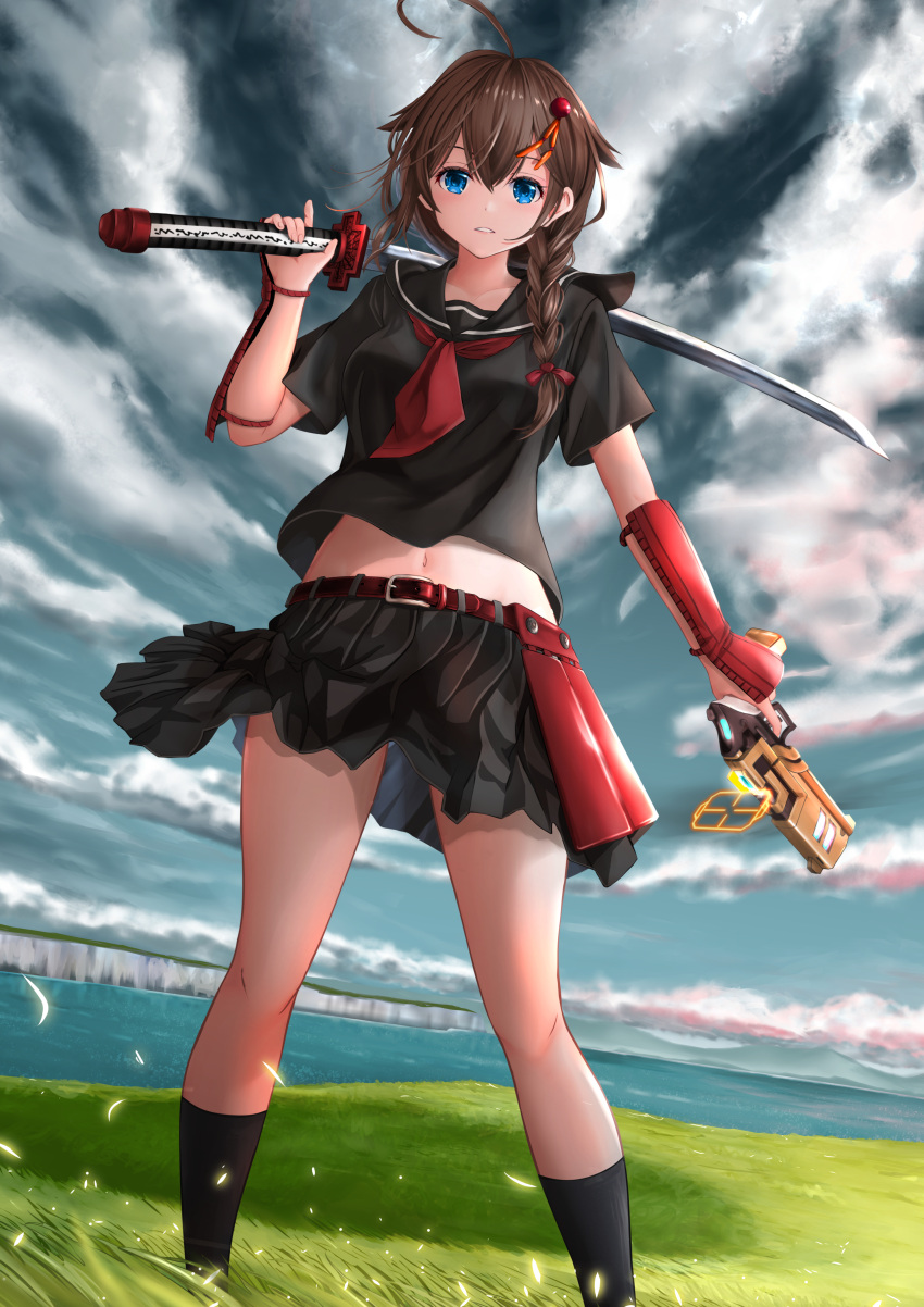 1girl absurdres ahoge akame_ga_kill! black_serafuku black_shirt black_skirt blue_eyes braid breasts brown_hair cloud cloudy_sky cosplay day gibun_(sozoshu) grass gun hair_flaps hair_ornament hair_over_shoulder handgun highres holding holding_gun holding_sword holding_weapon kantai_collection katana kurome_(akame_ga_kill!) kurome_(akame_ga_kill!)_(cosplay) midriff miniskirt navel neckerchief outdoors pistol pleated_skirt red_neckerchief school_uniform serafuku shigure_(kancolle) shigure_kai_ni_(kancolle) shirt short_sleeves single_braid skirt sky small_breasts solo standing sword vambraces weapon