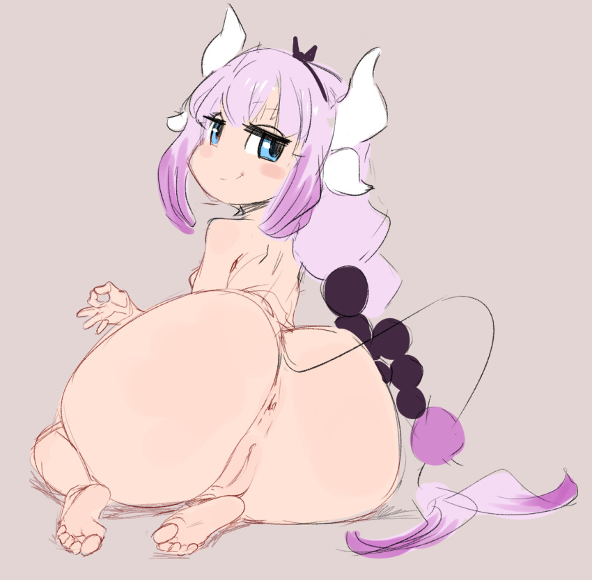 aged_up animal_humanoid anus bard-bot big_butt blue_eyes breasts butt dragon dragon_humanoid female genitals hair hand_gesture horn horned_humanoid huge_butt humanoid kanna_kamui looking_back miss_kobayashi's_dragon_maid nude pink_hair pussy rear_view short_stack sitting small_breasts solo wide_hips