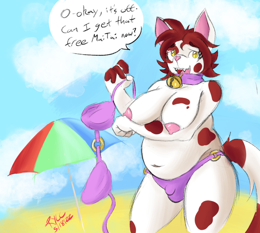 anthro beach bell bell_collar breasts brown_hair bulge clothed clothing collar domestic_cat dynamitegrizzly_(artist) exhibitionism felid feline felis gynomorph hair intersex mammal roger_mello_(dynamitegrizzly) seaside slightly_chubby solo topless trans_(lore) turkish_van yellow_eyes