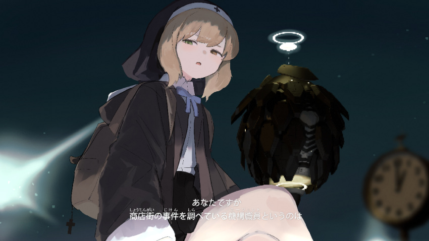 1girl analog_clock backpack bag bag_charm blonde_hair blue_ribbon charm_(object) clock cross crossed_legs drone fake_screenshot habit halo highres original ribbon robot samidare_(hoshi) subtitled translated