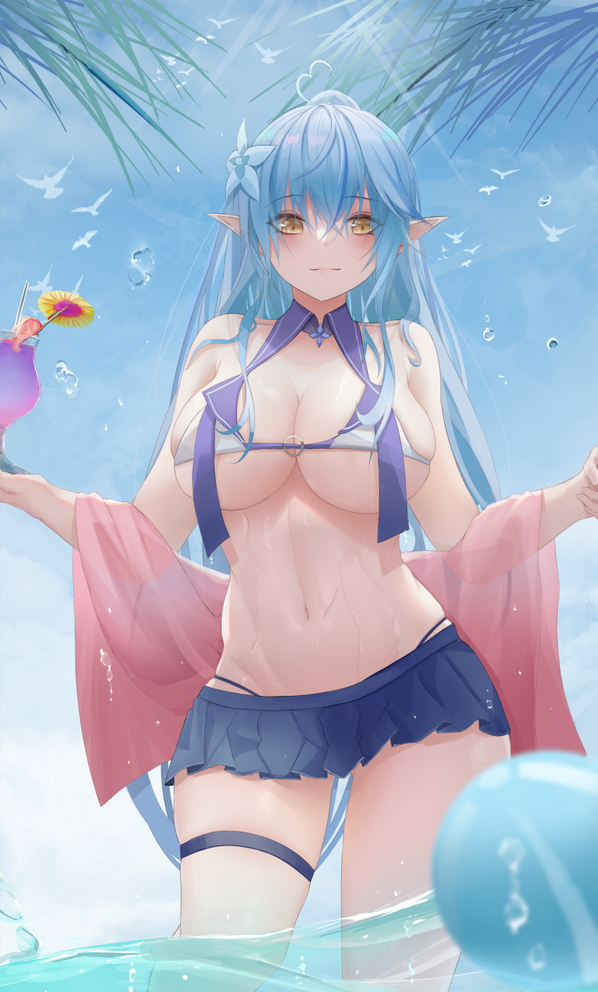 1girl bangs bare_shoulders bikini bikini_skirt bird blue_hair blue_sky breasts closed_mouth cocktail_glass cocktail_umbrella cup day drinking_glass drinking_straw eyebrows_visible_through_hair flower hair_flower hair_ornament highres hololive large_breasts long_hair navel outdoors pointy_ears sailor_collar shawl sky solo stomach swimsuit thigh_strap turbulence very_long_hair virtual_youtuber wading water water_drop wet yellow_eyes yukihana_lamy