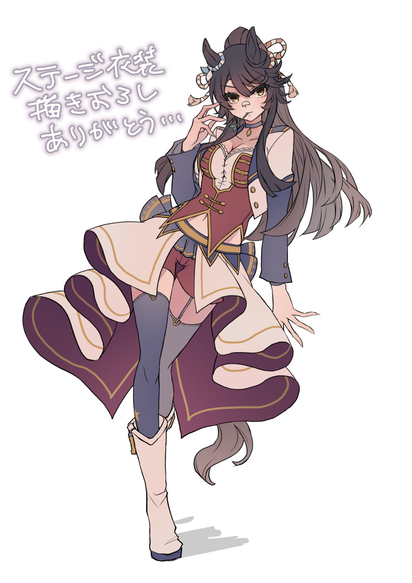1girl absurdres animal_ears bandaid bandaid_on_face bandaid_on_nose bangs black_hair boots breasts choker cleavage closed_mouth common_race_outfit_(umamusume) contrapposto cropped_jacket e_no_(ntmeno8) full_body hand_up high_ponytail highres horse_ears horse_girl horse_tail jacket long_hair long_sleeves looking_at_viewer medium_breasts mouth_hold narita_brian_(umamusume) navel open_clothes open_jacket ponytail red_shorts red_vest shirt shorts solo stalk_in_mouth tail thigh_strap thighhighs trail umamusume vest white_footwear white_shirt yellow_eyes