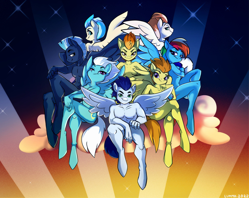 absurd_res anthro cloud equid equine female firestreak_(mlp) fleetfoot_(mlp) friendship_is_magic group hi_res light looking_at_viewer lummh male mammal misty_fly_(mlp) my_little_pony nude pegasus rainbow_dash_(mlp) sitting soarin_(mlp) spitfire_(mlp) spread_wings star strategically_covered thunderlane_(mlp) wings wonderbolts_(mlp)