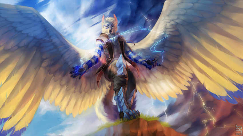 2022 5_fingers abs anthro canid canine day detailed_background digital_media_(artwork) eyebrows eyelashes feathered_wings feathers feet fingers hair hybrid male mammal outside sky solo standing toes white_body white_feathers white_hair wings zephra