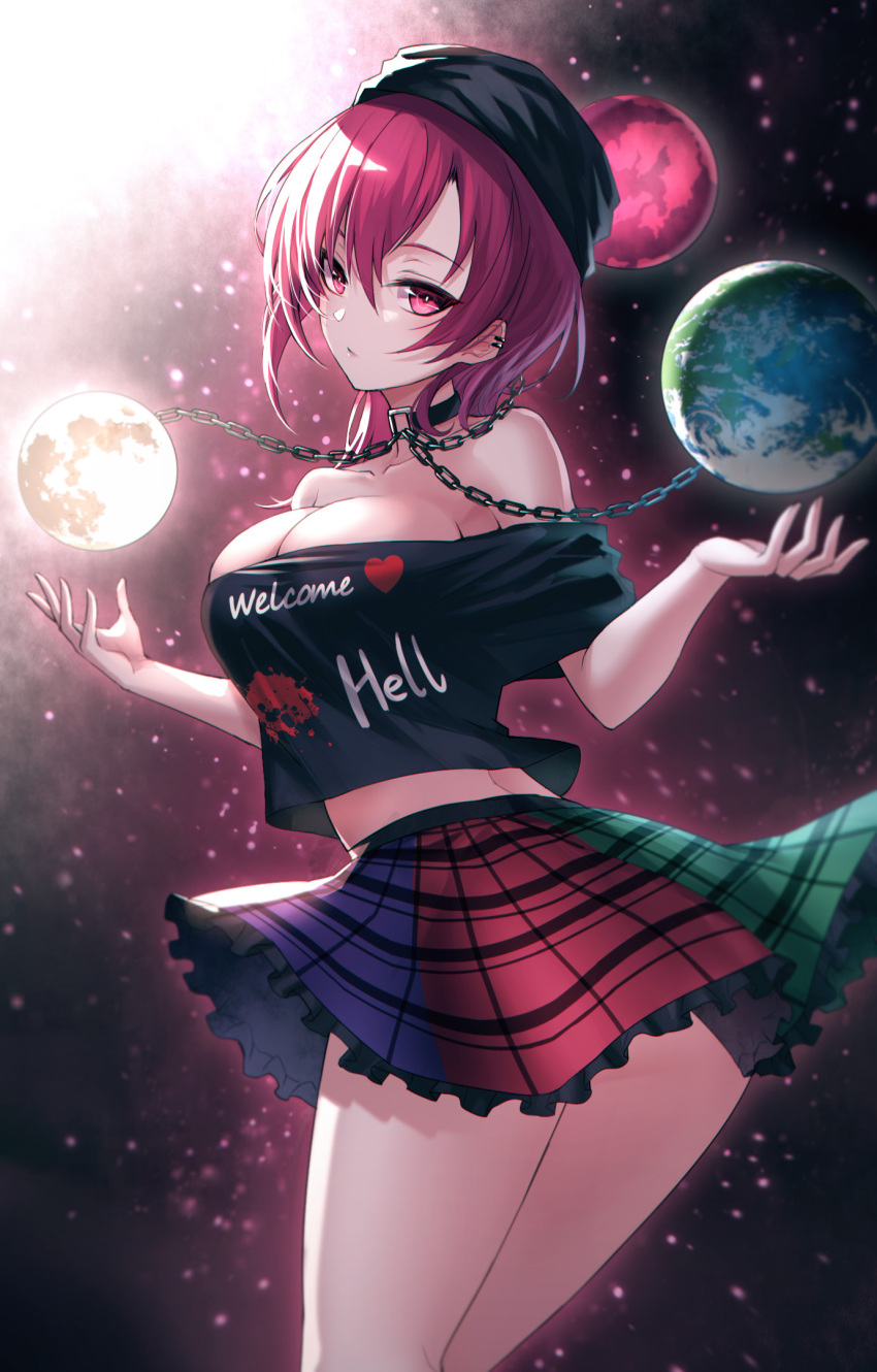 1girl bangs bare_shoulders black_choker black_shirt blue_skirt chain choker clothes_writing collarbone commentary_request cowboy_shot crop_top earth_(ornament) green_skirt hair_between_eyes hecatia_lapislazuli highres koissa looking_at_viewer medium_hair midriff miniskirt moon_(ornament) multicolored_clothes multicolored_skirt off-shoulder_shirt off_shoulder polos_crown red_eyes red_hair red_skirt shirt short_sleeves skirt solo t-shirt thighs touhou