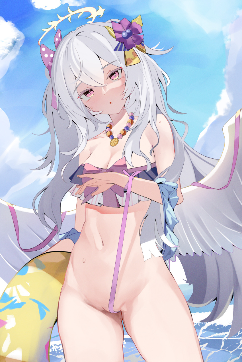 1girl absurdres azusa_(blue_archive) azusa_(swimsuit)_(blue_archive) bangs bare_shoulders bikini blue_archive blue_sky bottomless bow breasts cleavage cloud cloudy_sky collarbone commentary_request eyebrows_visible_through_hair feathered_wings flower frilled_bikini frills groin hair_between_eyes hair_bow hair_flower hair_ornament hair_ribbon halo highres holding innertube jewelry long_hair looking_at_viewer navel necklace ocean purple_eyes ribbon sencho_(whtv8535) sidelocks sky solo stomach sunlight swimsuit twintails wet white_hair wings