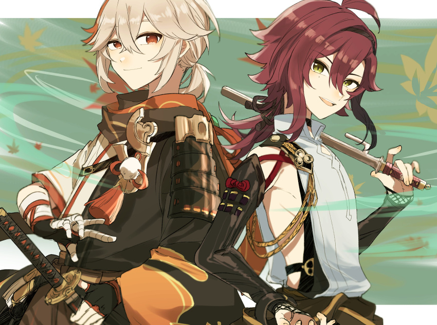 2boys absurdres ahoge armor bandaged_hand bandages bangs black_hair closed_mouth genshin_impact green_eyes grey_hair highres holding holding_sword holding_weapon japanese_armor japanese_clothes jitte kaedehara_kazuha katana kote kurokote leaf looking_at_viewer male_focus multicolored_hair multiple_boys parted_lips ponytail red_eyes red_hair ryu_genshin77 shikanoin_heizou streaked_hair sword symbol-only_commentary tassel weapon