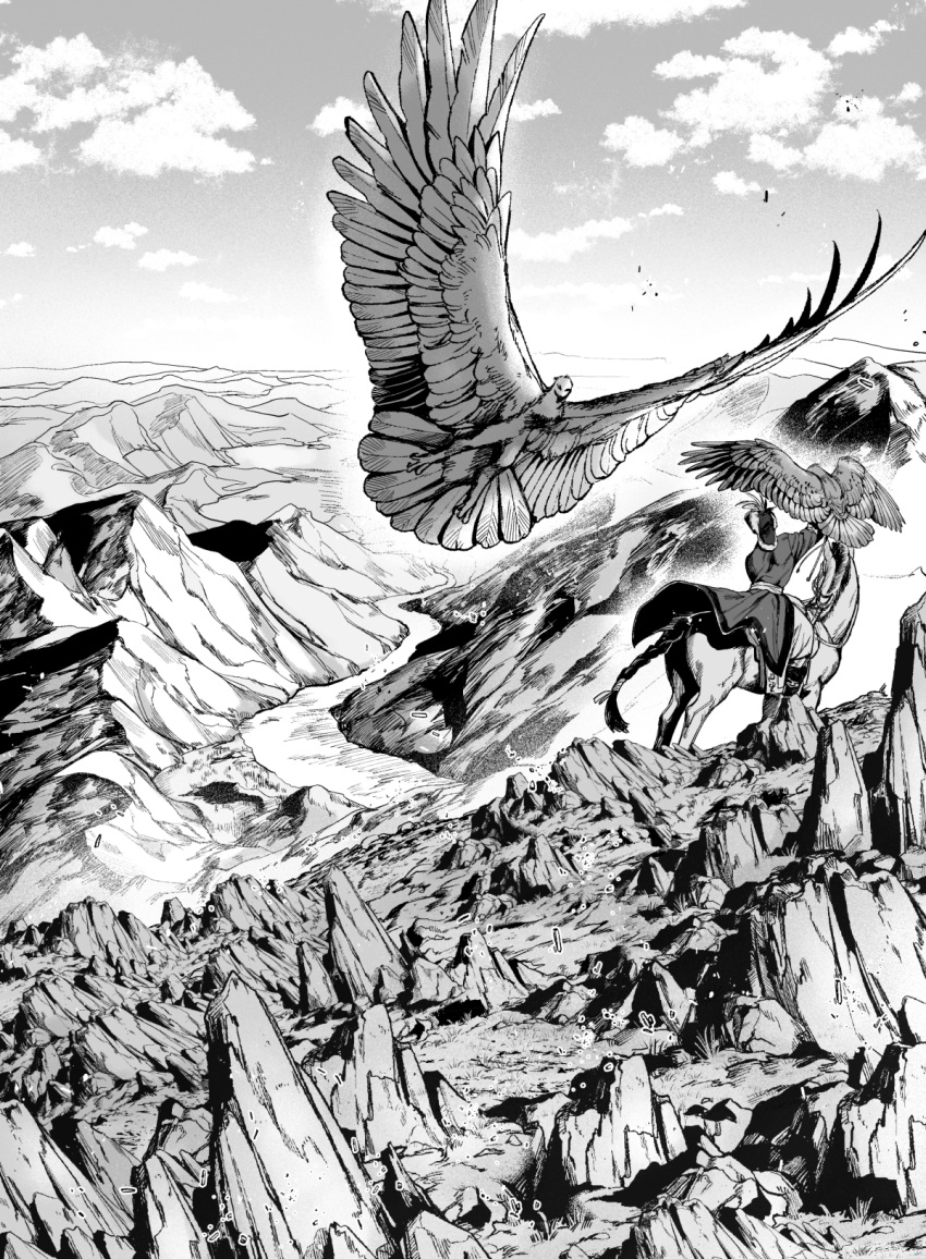 1boy 1girl animal animal_on_arm bird bird_on_arm braided_tail day facing_away falconry fur_hat furry greyscale hat hat_feather highres horse horseback_riding kenkon_no_washi long_sleeves monochrome mountain nature outdoors outstretched_arm riding robe sash sky suzumori_521 wind