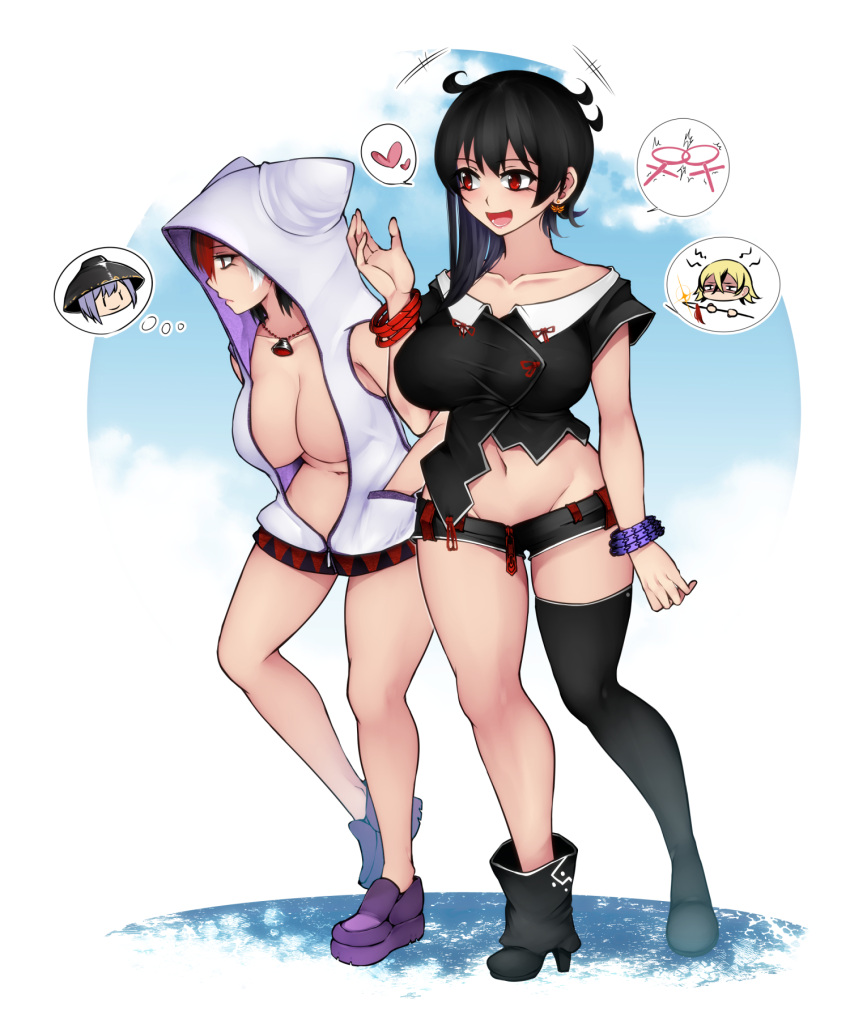 2girls adapted_costume aoshima asymmetrical_legwear bangs black_hair black_legwear black_shirt black_shorts blush breasts cleavage closed_mouth collarbone commentary_request contemporary frown full_body groin heart high_heels highres hood hood_up hoodie houjuu_nue implied_yuri interlocked_venus_symbols jewelry kijin_seija large_breasts long_hair looking_afar looking_at_another looking_to_the_side loose_socks micro_shorts midriff multicolored_hair multiple_girls naked_hoodie navel necklace no_bra no_wings open_mouth purple_footwear red_eyes red_hair shirt shoes short_hair short_sleeves shorts single_thighhigh smile spoken_character spoken_heart spoken_venus_symbol streaked_hair sukuna_shinmyoumaru thighhighs toramaru_shou touhou venus_symbol white_background white_hair white_hoodie wristband