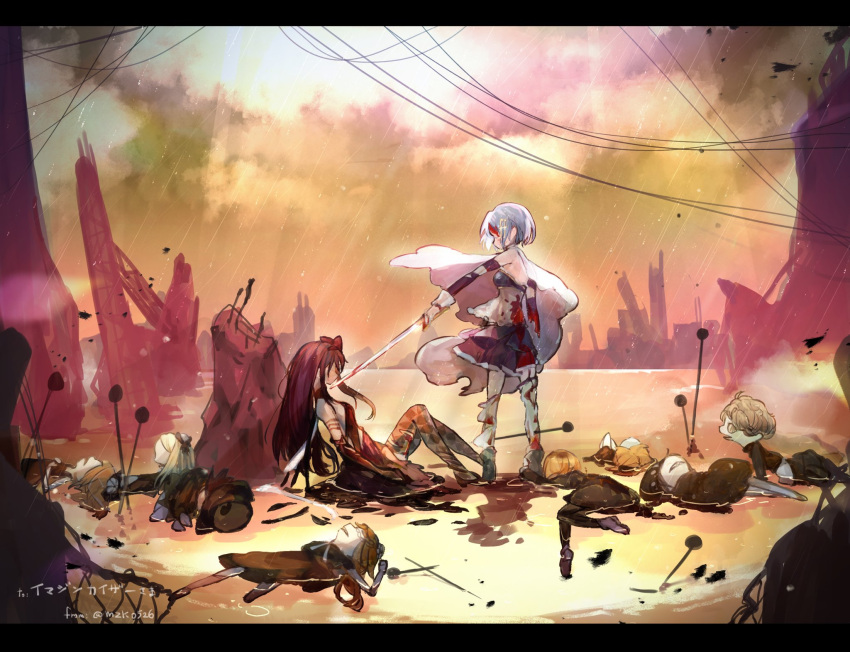 2girls akuma_homura argyle argyle_legwear black_hair blonde_hair blood blood_on_clothes blood_on_face blue_footwear blue_hair boots breasts cape character_request cityscape detached_sleeves from_side highres long_hair mahou_shoujo_madoka_magica mahou_shoujo_madoka_magica_movie medium_breasts miki_sayaka multiple_girls mzk0526 rain rebellion_(sword) saber_(weapon) short_hair sitting sword sword_to_throat thighhighs thighs twitter_username weapon white_cape white_legwear