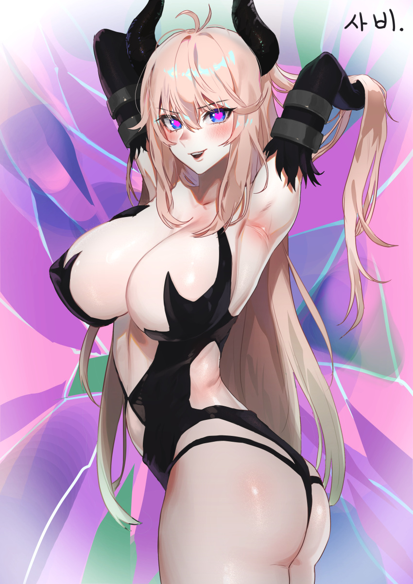 1girl :d absurdres ahoge armpits arms_up ass bangs blonde_hair blue_eyes blush breasts cleavage collarbone cowboy_shot crossover demon_girl demon_horns detached_sleeves ephnel eyebrows_visible_through_hair flower hair_between_eyes heart heart-shaped_pupils highres horns huge_breasts impossible_clothes korean_commentary long_bangs long_hair multicolored_hair open_mouth pink_hair pointy_nose revealing_clothes sabi_ghke4333 smile solo soul_worker symbol-shaped_pupils teeth two-tone_hair upper_teeth v-shaped_eyebrows