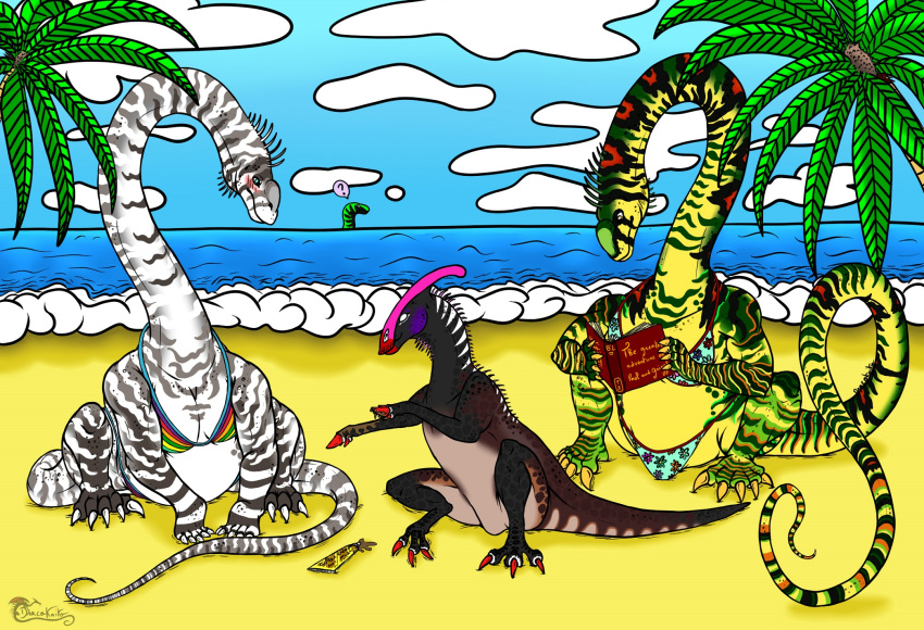 apatosaurus beach beastsofbermuda bikini book chill clothing dinosaur diplodocid dracokaito dracokaitonsfw erotic_book female feral friends funny_idea game_(disambiguation) group hadrosaurid herbivore herd hi_res humor invalid_tag lurdusaurus male migration nudist_beach ornithischian parasaurolophus reptile sauropod scalie seaside sunny swimwear