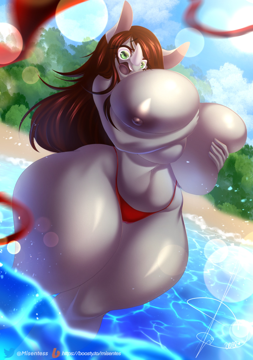 absurd_res anthro beach big_breasts big_butt breasts butt clothing curvy_figure digital_media_(artwork) female green_eyes hair hi_res horn huge_breasts mammal misentes nipples nude rhinocerotoid seaside simple_background slightly_chubby solo surprise swimwear thick_thighs torn_clothing wide_hips