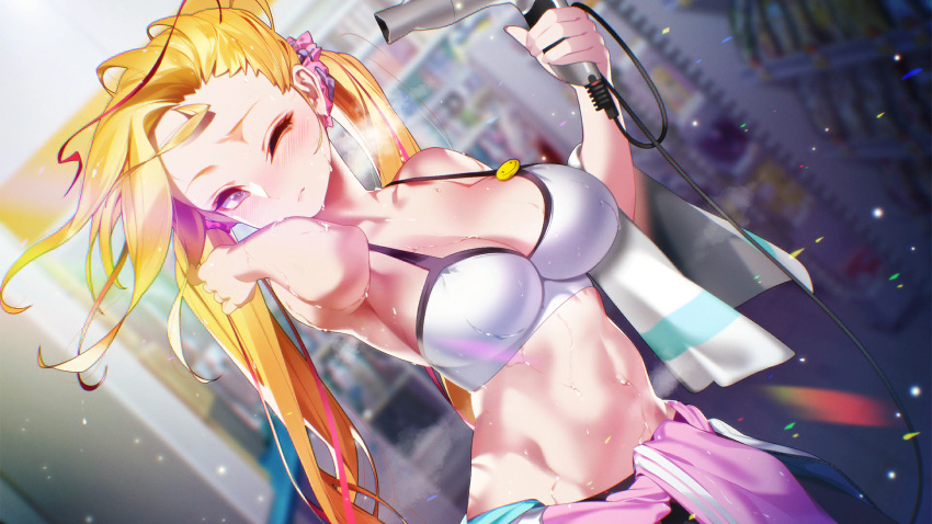 1girl adella_(some_some_convenience_store) arm_up bare_shoulders blonde_hair blurry blurry_background blush breasts cleavage closed_mouth collarbone crop_top emoji forehead game_cg hair_dryer hair_ornament hair_scrunchie highres holding holding_hair_dryer indoors jacket large_breasts long_hair looking_at_viewer multicolored_hair navel one_eye_closed pink_jacket purple_eyes scrunchie solo some_some_convenience_store stomach streaked_hair talesshop twintails upper_body very_long_hair wet