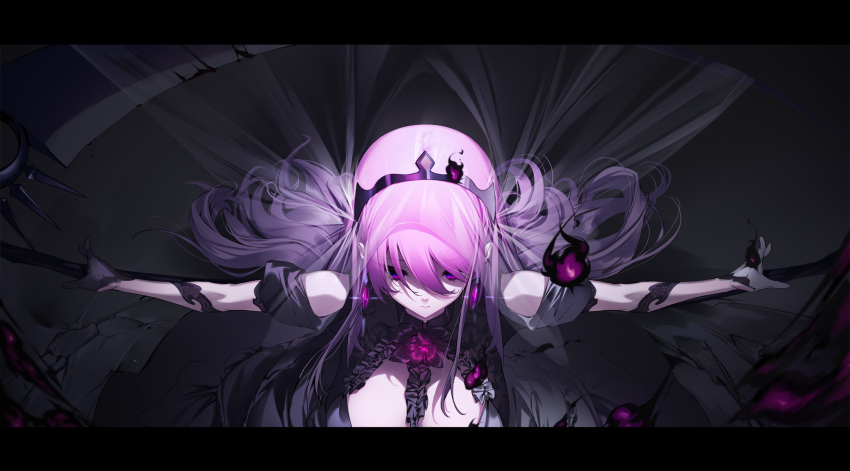 1girl asymmetrical_gloves bangs black_dress black_gloves breasts closed_mouth dress earrings eyebrows_visible_through_hair from_above gloves hair_between_eyes highres hololive hololive_english jewelry large_breasts long_hair looking_away mismatched_gloves mori_calliope outstretched_arms pink_hair purple_eyes solo spread_arms tiara veil virtual_youtuber white_gloves yaguo