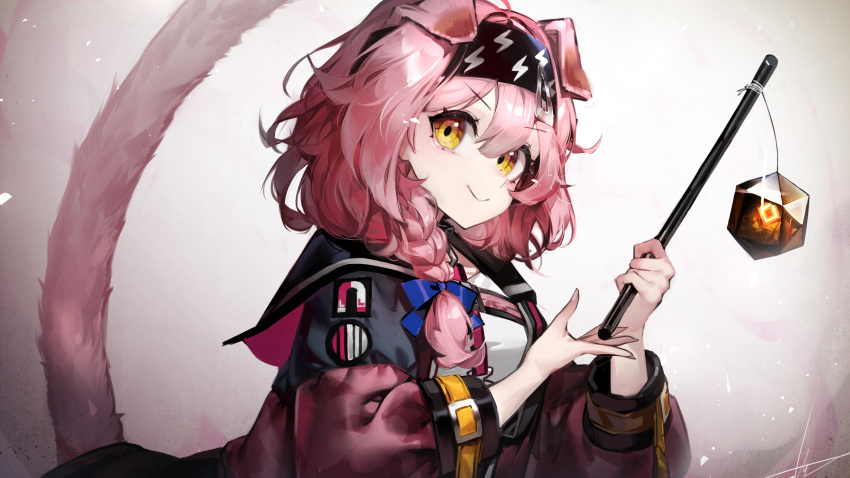 1girl absurdres ahoge animal_ears arknights black_hairband black_jacket blue_bow bow braid carrot_on_stick cat_ears cat_girl cat_tail cowboy_shot floppy_ears goldenglow_(arknights) gradient gradient_background hair_between_eyes hair_bow hairband highres jacket libiadan lightning_bolt_print long_hair long_sleeves looking_at_viewer multicolored_clothes multicolored_jacket open_clothes open_jacket originium_(arknights) pink_hair pink_jacket simple_background smile solo tail two-tone_jacket v-shaped_eyebrows white_background white_jacket yellow_eyes
