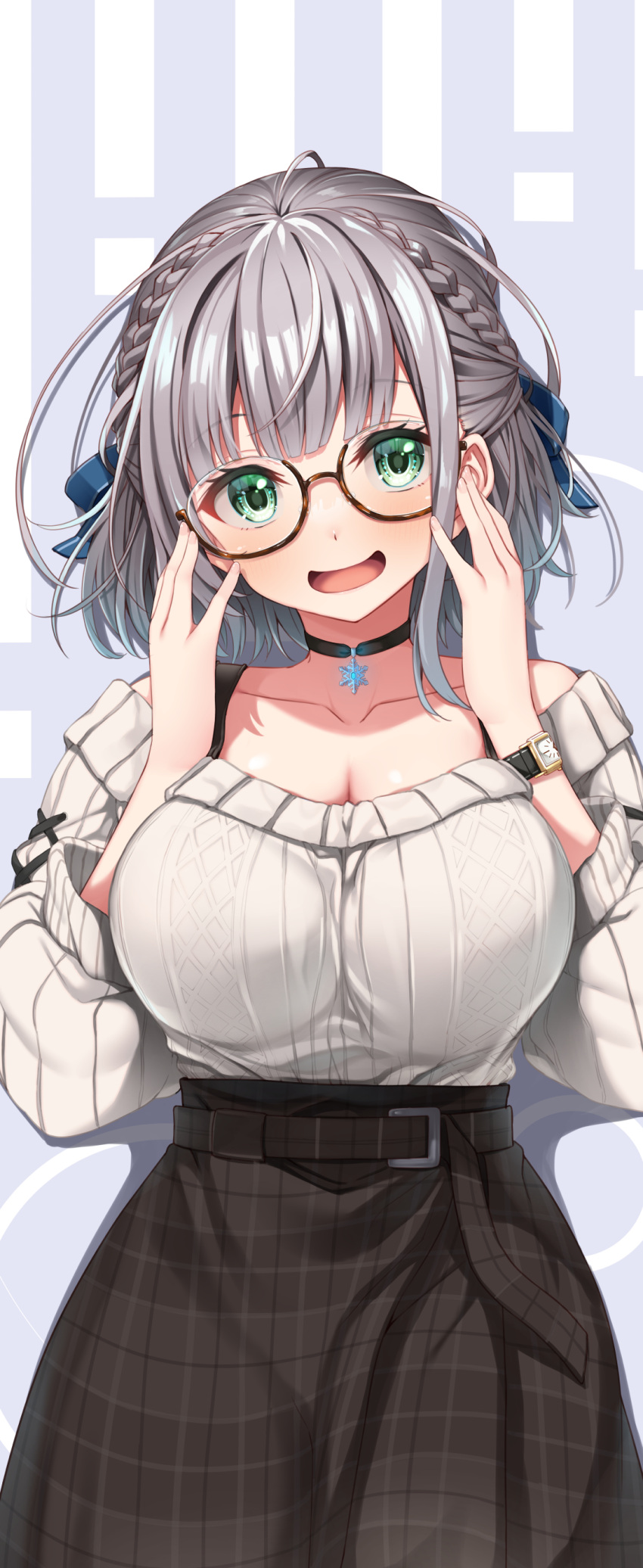 1girl :d absurdres braid breasts casual choker cleavage collarbone dodome-iro_mayonnaise eyebrows_visible_through_hair french_braid glasses green_eyes grey_hair hair_ribbon high-waist_skirt highres hololive large_breasts open_mouth ribbon shirogane_noel short_hair skirt smile solo virtual_youtuber watch wristwatch