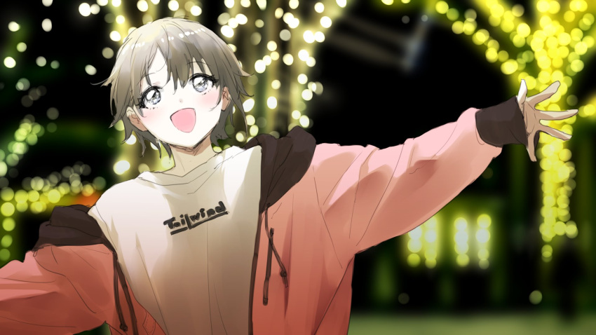 1girl :d blurry blurry_background blush bokeh depth_of_field goshiki_suzu grey_hair highres hood hooded_jacket idolmaster idolmaster_cinderella_girls jacket looking_up night orange_jacket otokura_yuuki outdoors outstretched_arms shirt short_hair smile solo upper_body white_shirt