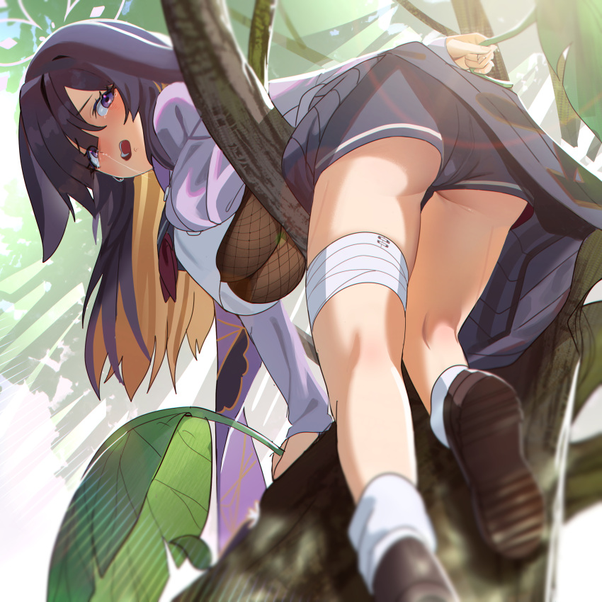 1girl absurdres ass bandages bangs black_footwear black_hair blonde_hair blue_archive blue_shorts breasts cape climbing_tree crop_top crop_top_overhang crying crying_with_eyes_open eyebrows_visible_through_hair hair_over_one_eye highres hood hooded_cape jiki_(gkdlfnzo1245) korean_commentary large_breasts leaf long_bangs long_hair looking_at_viewer multicolored_hair open_mouth purple_eyes short_shorts shorts socks solo tears tree tsukuyo_(blue_archive) two-tone_hair white_legwear